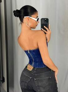 SHEIN ICON 紧身金属镂空短款牛仔紧身胸衣 - 深色水洗藍 - 查看 2