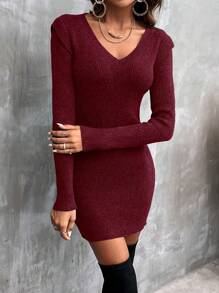 SHEIN PETITE Women's Simple V-Neck Fitted Solid Color Sweater Dress - Burgundy - View 3