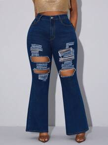 Slaydiva Plus Size Women Elastic Denim Sexy Distressed Flare Jeans - Blue - View 6