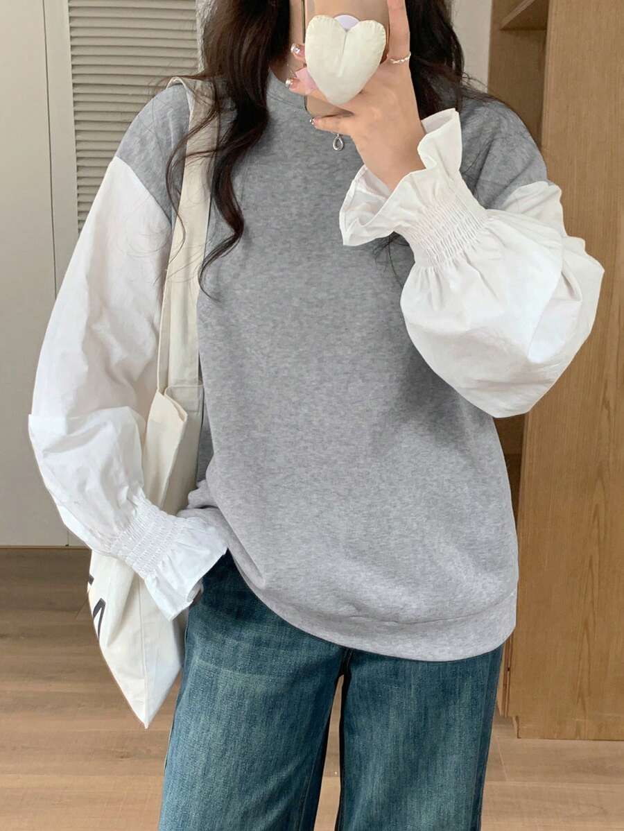 DAZY 女式圆领拼接休闲长袖运动衫，秋季女装