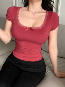 DAZY Blusa sencilla de mujer con parches de encaje y decoración de lazo en unicolor - Rojo - Ver 1