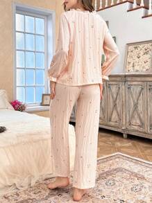 CottageSlumber Ruffle Trim Round Neck Long Sleeve Pajama Set With Ditsy Floral, Crepe Fabric - Coral Pink - View 2