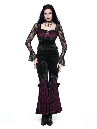 Goth Pantalon évasé en velours avec patchwork en relief 3D de roses, style gothique vintage, palace luxueux et romantique aux tons sombres