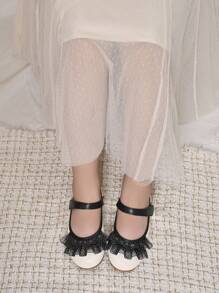 1 Pair Girls Lace Frilled Wedge High Heel Pumps, Suitable For Wedding And Everyday Wear - Beige - View 3