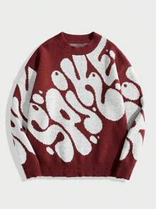 ROMWE MEN Street Life Men's Crew Neck Long Sleeve Patterned Casual Knit Sweater, Minimalist Design - Burgundy - View 1