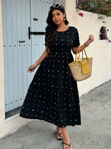 Calvaya Plus Size Women Round Neck Short Sleeve Ruffle Hem Casual Heart Print Dress