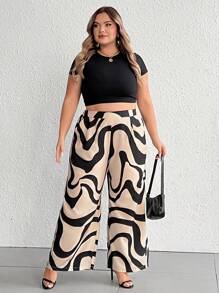 SHEIN CURVE+ Pantaloni casual e ampi da donna con stampe e tasche, ideali per l'uso quotidiano - nero - Visualizzare 4