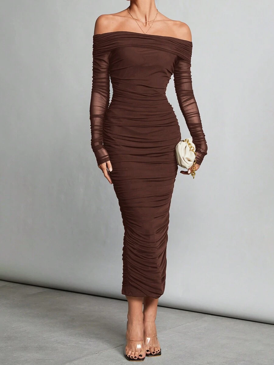 SHEIN Tall Autumn And Winter Off-Shoulder Ruffled Mesh Sexy Tight Date Black Sleeve Long Dress - Brown - View 1