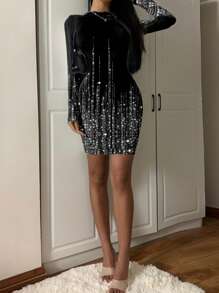 SHEIN Essnce 女士水钻效果印花修身俱乐部中长连衣裙，性感长袖新年装 - 白色 - 查看 5