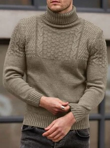 EURMUSE Solid Color High Neck Cable Knit Casual Pullover Sweater - Camel - View 5