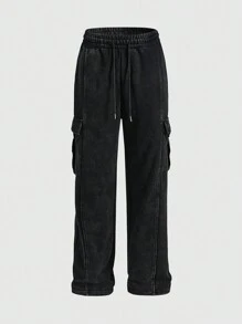 ROMWE MEN Street Life Men's Plain Color Drawstring Waist Cargo Pocket Straight Loose Sweatpants - Black - View 3