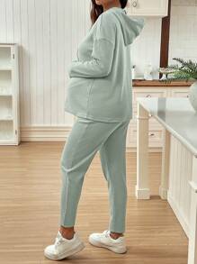 SHEIN Bộ 2 món cho bà bầu: Áo hoodie màu trơn, áo nỉ và quần bó có thể điều chỉnh eo - màu xanh lá - Xem 2