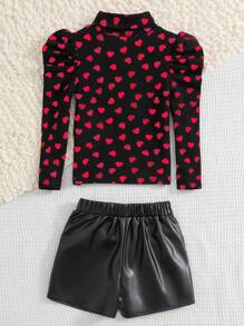 SHEIN Leap Crew 2 件套年轻女孩都市时尚针织圆领长袖上衣和 PU 皮革短裤，NOVA 品牌 - 紅色 - 查看 2