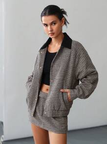 Aveloria Affinna Vintage-Style Plaid Color Block Collar Loose Jacket And Low Waist Shorts 2Pcs Suit For Women