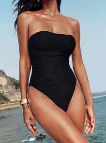 Opulessa 1 件女式纯色针织露背修身连体泳衣 - 黑色 - 查看 3