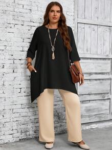 EMERY ROSE Plus Size Women Round Neck 3/4 Sleeve Asymmetric Hem Casual White Shirt, Spring & Summer Fall Women Clothes