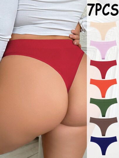 7 piezas/set de tanga sin costuras de unicolor suave y transpirable para mujer de talla grande