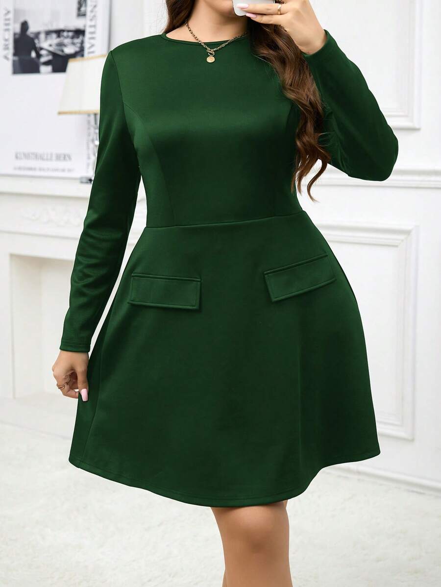 SHEIN Clasi Plus Size Fall Clothing Solid Color Fold-Over Detail A-Line Long Sleeve Back To School Retro French Style French Teacher Outfit Bae Black Dress - Dark Green - View 1