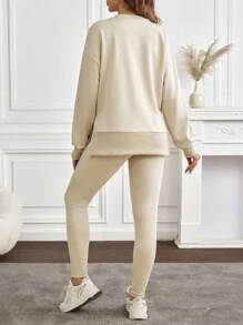 SHEIN Bộ 2 món/Bộ áo và quần màu trơn cho bà bầu, giản dị và thời trang để mặc hàng ngày - Màu be - Xem 2