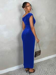 SHEIN BAE Women's Autumn/Winter Velvet Party Bodycon Asymmetric Asymmetrical Neck Draped Maxi Cocktail Dress