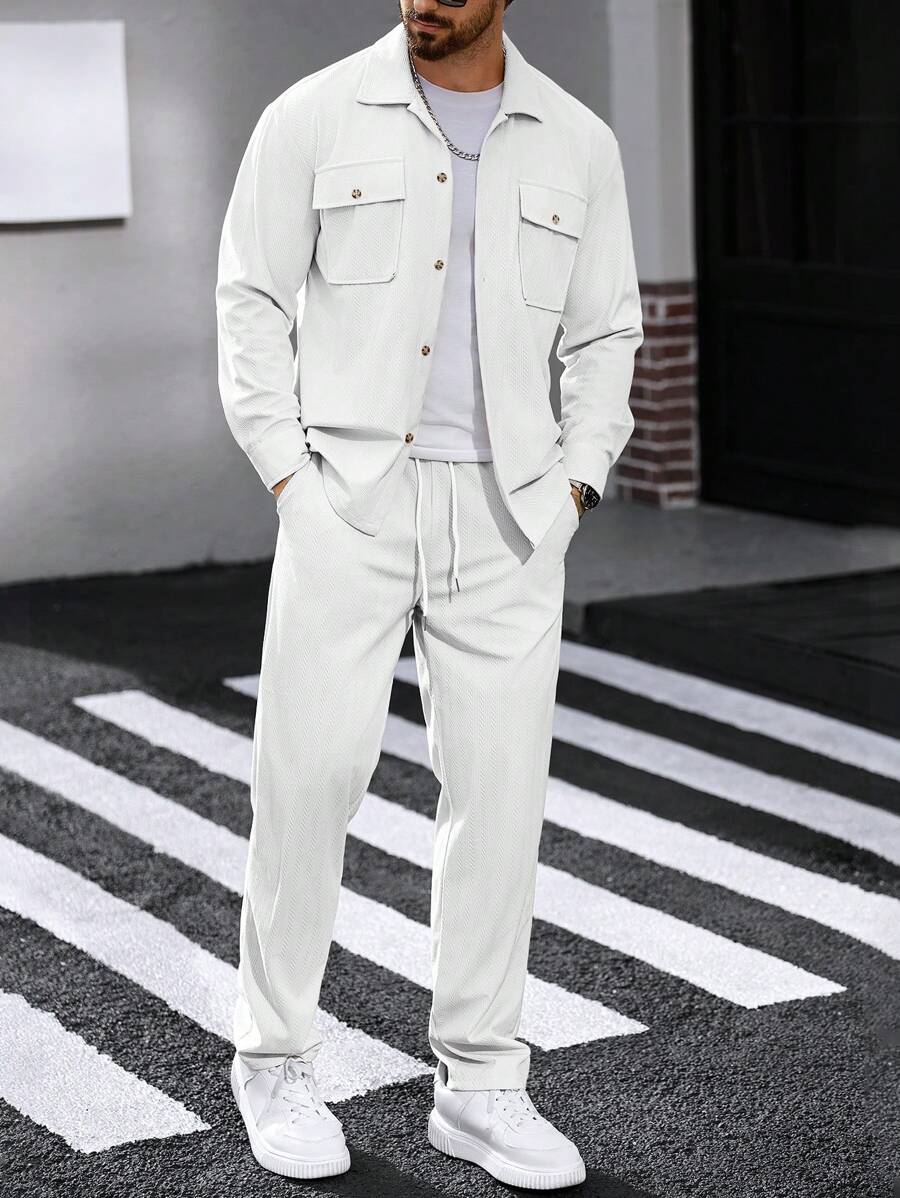 Manfinity CasualCool 2pcs Set Men's Corduroy Work Shirt & Pants, Fall Clothes - White - View 1