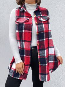 Calvaya Plus Plaid Print Flap Detail Sleeveless Coat For New Year Clothes, For Winter Fall Autumn - Red - View 3