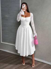 Slaydiva Vierkante hals kanten mouw mid-calf formele feestjurk - Zwart - M