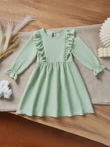 SHEIN Young Girl Solid Color Round Neck Ruffle Long Sleeve Cute Casual Dress