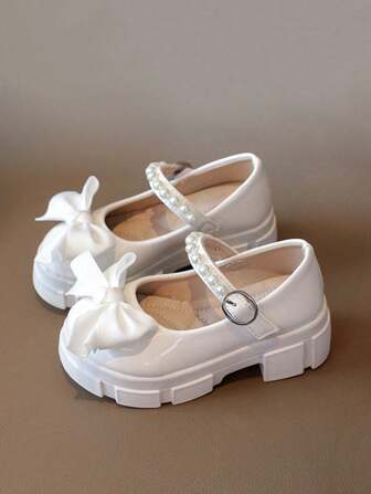 Vår & höst Nya tjejskor Söt rosett Barnskor Stora barn Tjock sula Läderskor Pärlband Liten flickskor Studentdansskor