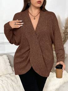 SHEIN Frenchy Plus Size V-Neck Long Sleeve Casual Elegant Overlap T-Shirt