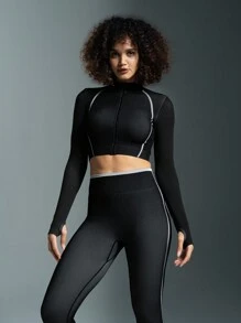 Powerista Contrast Color Trim Long Sleeve Leggings Seamless Sports Suit For Gym - Black and White - View 5
