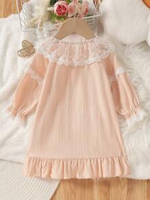 Baby Mädchen lässiges, süßes, strukturiertes Langarm-Kleid mit Spitzenverzierung, rosa Farbe, Loungewear