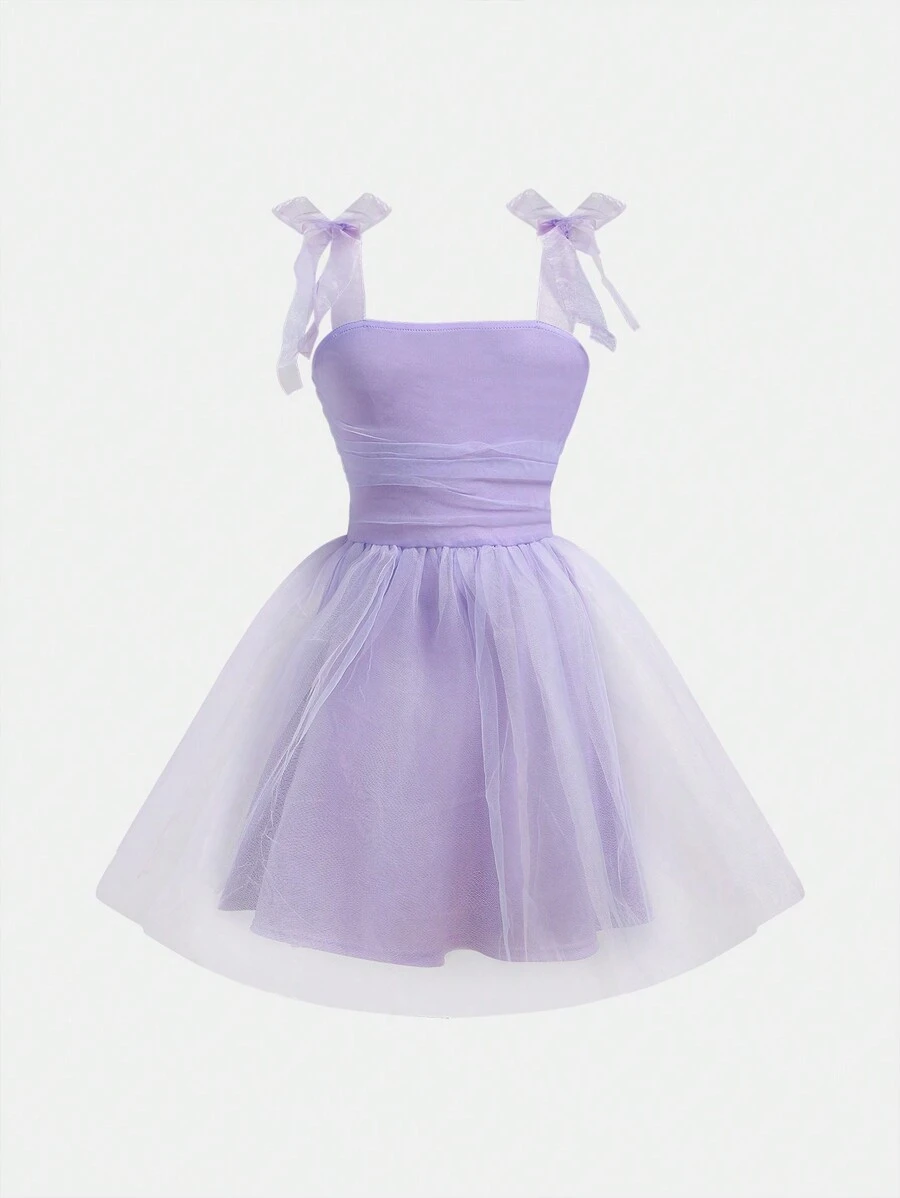 SHEIN Girlism Tween Girls Cute Tulle Tie Bow Ruffle A-Line Dress - Mauve Purple - View 1