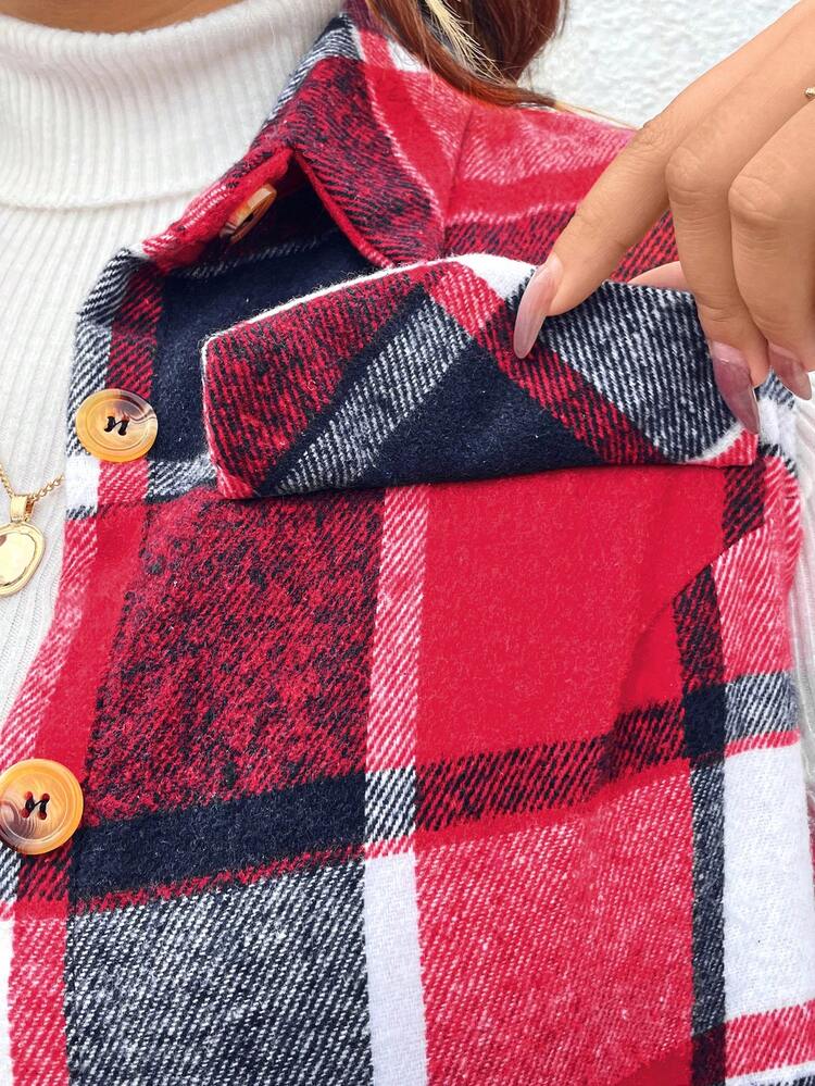 Plus Plaid Print Flap Detail Sleeveless Coat For New Year Clothes, For Winter Fall Autumn