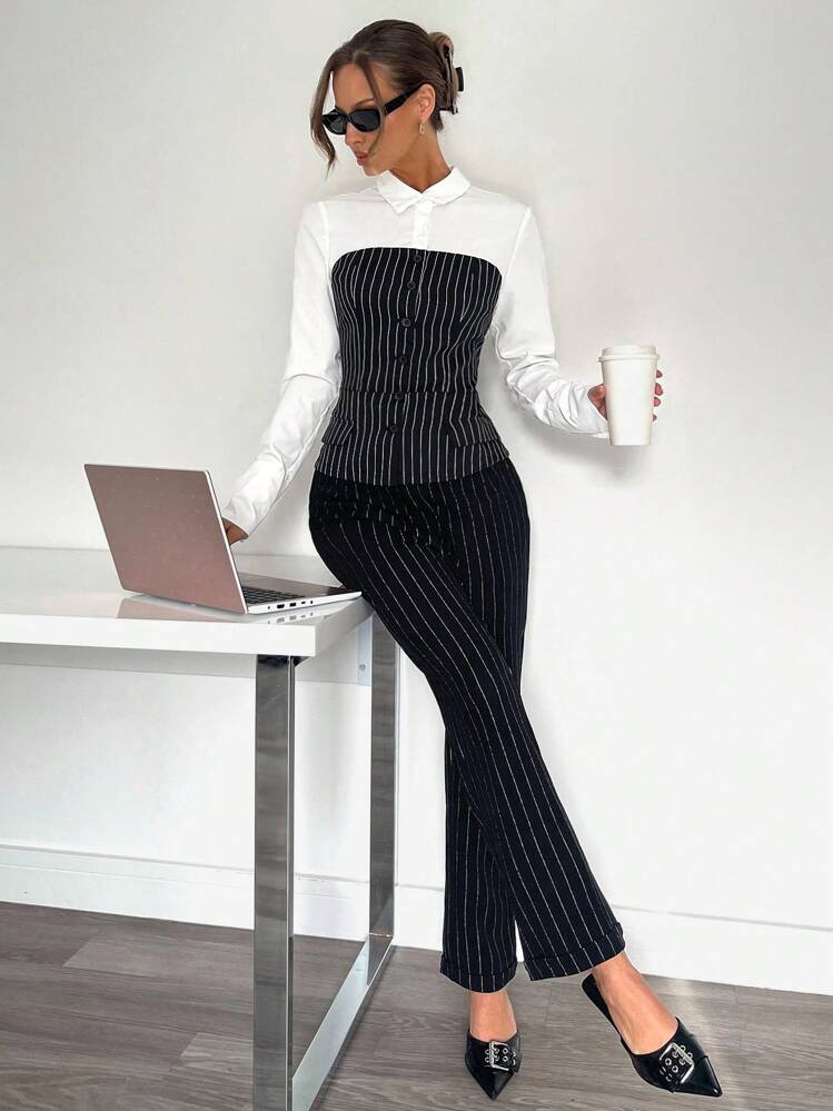 SHEIN Essnce Office Siren 2 In 1 Spliced ​​Bra Shirt, Waisted Short Long-Sleeved Shirt, Office Commuting Wear - Black and White - View 1
