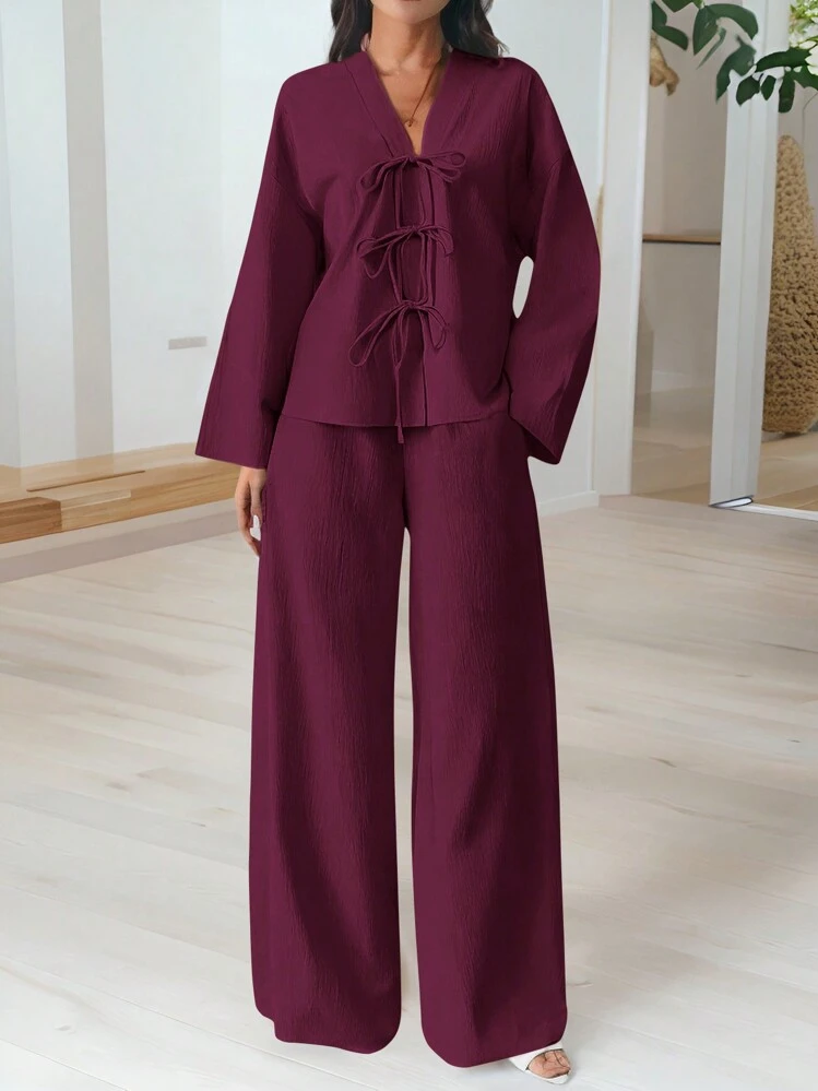Firerie Women's Casual Elegant Tie Front Blouse And High Waist Elastic Loose Wide Leg Pants 2Pcs Set, Vacation Fashion | SHEIN USA