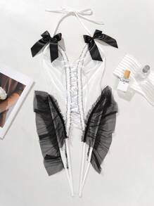 Women's Bowknot Decor Lace Patchwork Halter Backless Jumpsuit