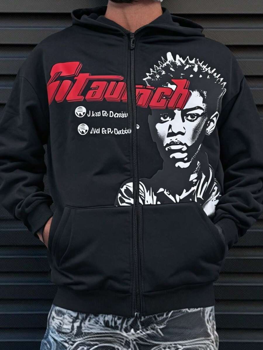 SHEIN Sudadera holgada con gráfico de figura para adolescentes varones, con frente abierto - Negro - Ver 1
