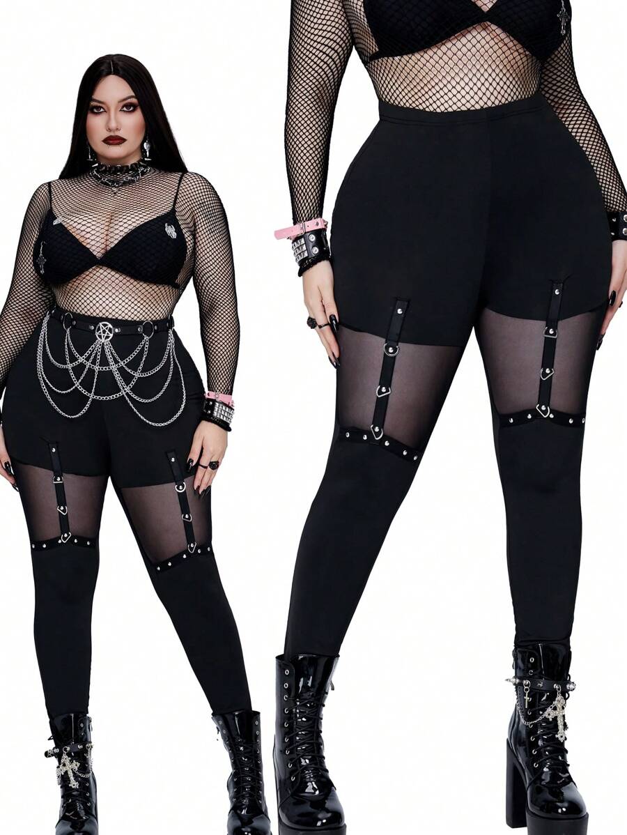 Whyspr 大码时尚高腰修身打底裤，配撞色网眼嵌件和金属扣装饰，打底裤