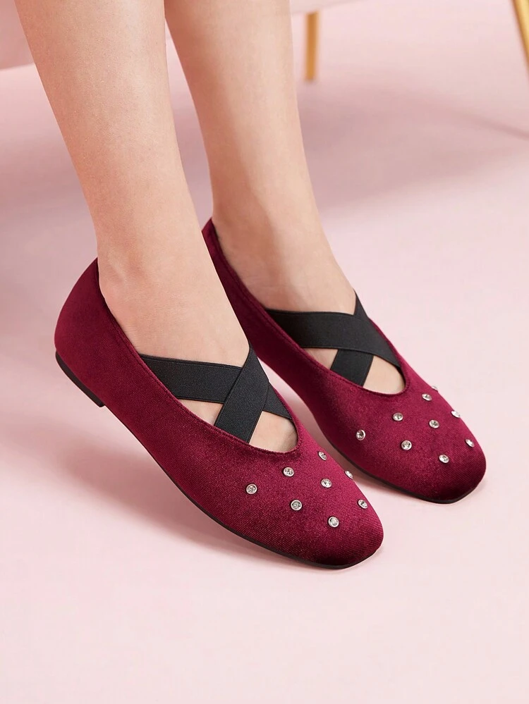 CUCCOO DOLLMOD Burgundy Korean Velvet Material + Studded Crafted Vintage Flat Shoes For Women Valentines