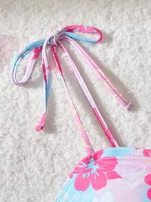 SHEIN MOD Bộ đồ bơi in hoa 2 món có dây đeo vai, quần trước nhún bèo và dây rút bên hông cho kỳ nghỉ hè ở bãi biển - Màu Hồng baby - Xem 3