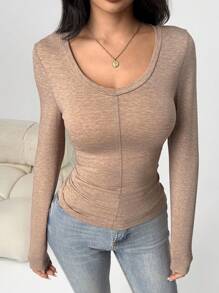 Flirla Camiseta básica minimalista de manga larga con cuello en V y detalles decorativos con pliegues