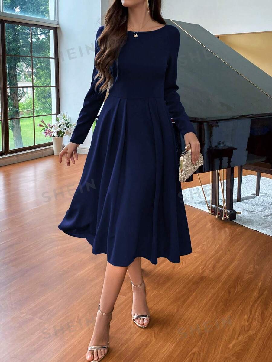 SHEIN LUNE Vestido casual sencillo de manga larga y cuello redondo de unicolor para uso diario de la mujer