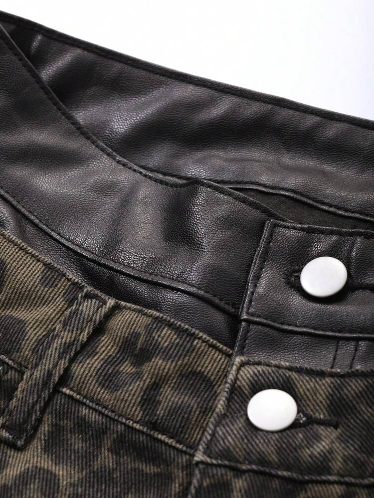 Women's Front Button Pockets Minimalist PU Patchwork Leopard Print Jeans Cheetah Print