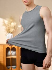 Men's Solid Color Round Neck Sleeveless Casual Warm Vest - Grey - View 3