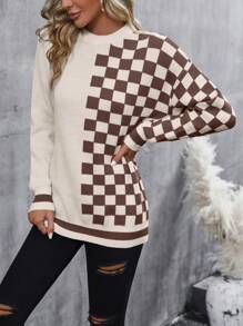 SHEIN LUNE Suéter de cuello redondo de manga larga de punto con estampado de cuadros para mujer, suéter de punto de otoño/invierno