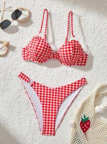 SHEIN MOD Damen Rot & Weiß Karo Süßer Bikini Set, Valentinstag Outfit, Party Outfit für Damen, Badeanzüge für Damen, Urlaubsoutfit für Damen, Kreuzfahrtoutfit für Damen Sexy - Rot-Weiß - Übersicht 1