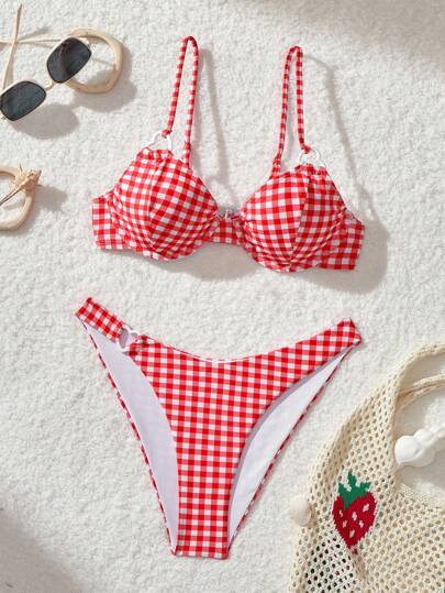 SHEIN MOD Women Red & White Gingham Cute Bikini Set,Valentine's Day, Outfits,Party Women Outfits,Swim Suits For Women,Vacation Outfits Woman,Cruise Outfits Women Sexy For Summer Beach Vacation