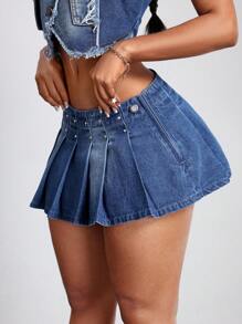 SHEIN ICON Women's Mini Denim Pleated Skirt With Rhinestone Decor