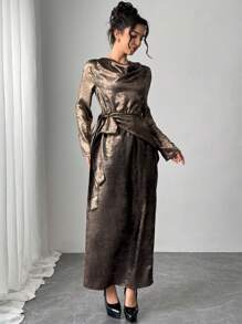 Modelyn Vestido largo tipo abaya de manga larga con lazo, vestido de noche largo de estilo minimalista para mujeres - Dorado - Ver 4